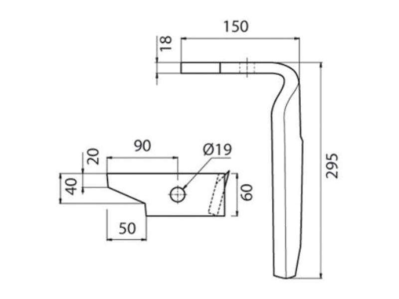 Faca para rototerra 60x18x295mm Esq.. Centros de orifícios emOrifício Ø 19mm. para Amazone. Aplicavel em: 954427SC (S.74781)