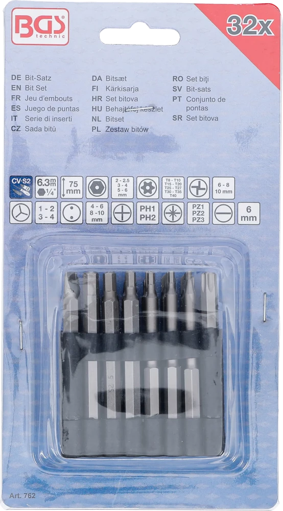 Conjunto de pontas | compridas | Entrada de sextavado externo 6,3 mm (1/4") | diferentes perfis | 32 peças