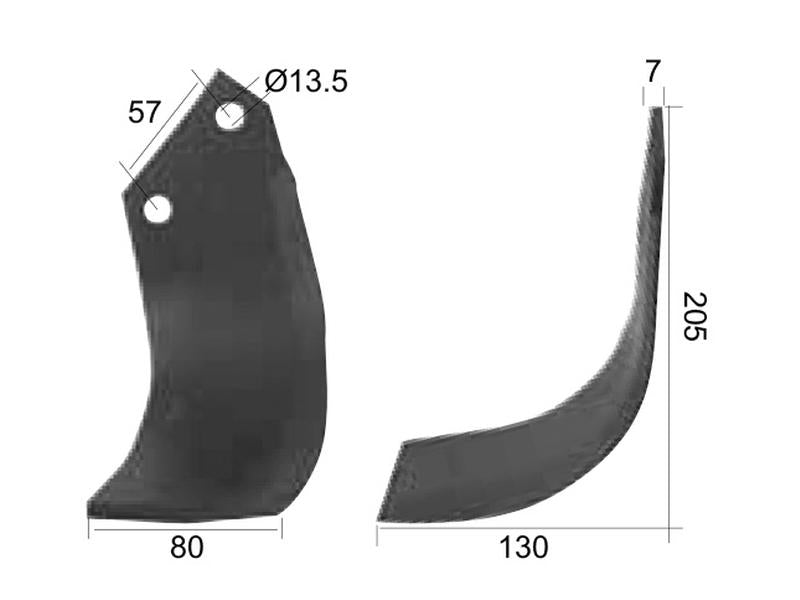 Faca Esq. 80x7mm Altura: 205mm. Centros de orifícios em: 57mm. Orifício Ø: 13.5mm. para Breviglieri, Howard Aplicavel em: 9948 (S.77226)