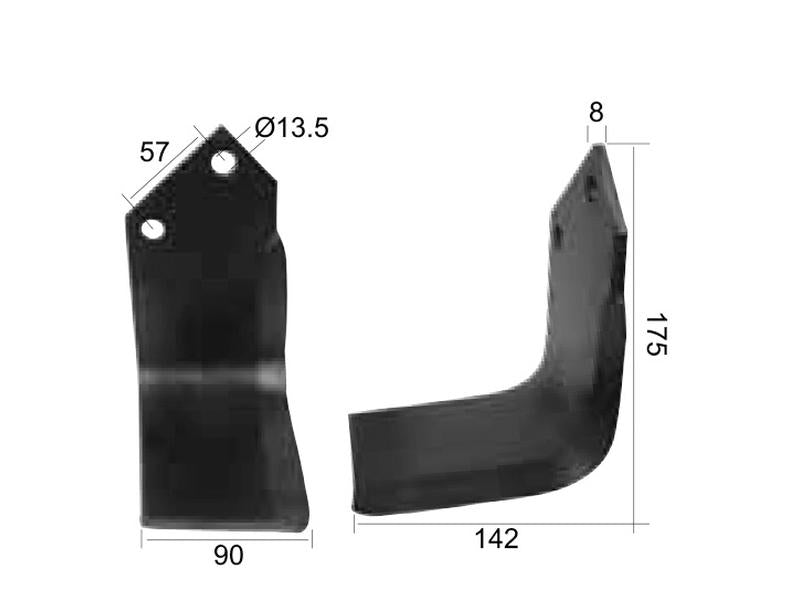 Faca Esq. 90x8mm Altura: 175mm. Centros de orifícios em: 57mm. Orifício Ø: 13.5mm. para Dowdeswell Aplicavel em: 63604 (S.77228)