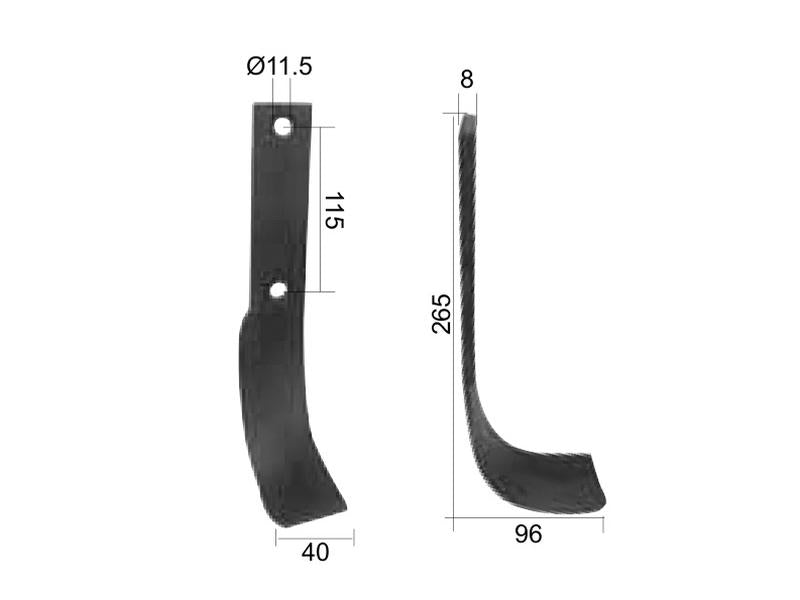 Faca Dt. 40x8mm Altura: 265mm. Centros de orifícios em: 115mm. Orifício Ø: 11.5mm. para Dowdeswell, Howard Aplicavel em: 9942 (S.77233)