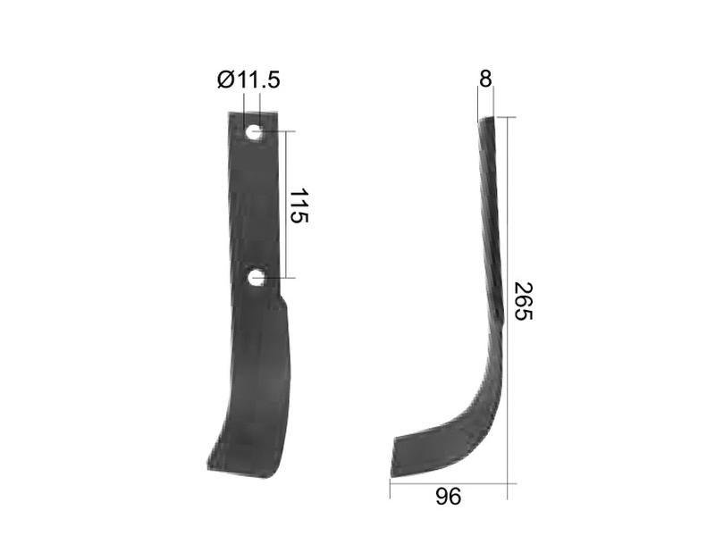 Faca Esq. 40x8mm Altura: 265mm. Centros de orifícios em: 115mm. Orifício Ø: 11.5mm. para Dowdeswell, Howard Aplicavel em: 9941 (S.77234)