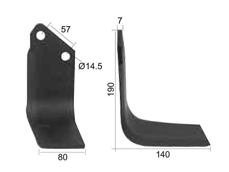 Faca Dt. 80x7mm Altura: 190mm. Centros de orifícios em: 57mm. Orifício Ø: 14.5mm. para Krone Aplicavel em: 036273 (S.77250)