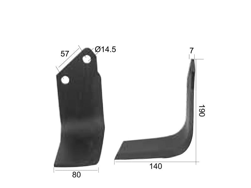 Faca Esq. 80x7mm Altura: 190mm. Centros de orifícios em: 57mm. Orifício Ø: 14.5mm. para Krone Aplicavel em: 036395 (S.77251)