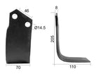 Faca Dt. 70x8mm Altura: 205mm. Centros de orifícios em: 46mm. Orifício Ø: 14.5mm. para Breviglieri, Maletti Aplicavel em: 30412 (S.77268)