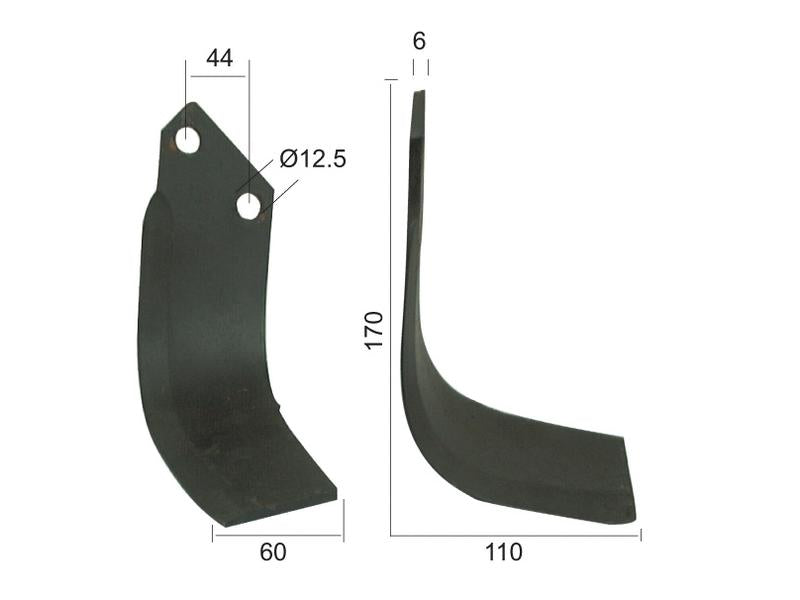 Faca Dt. 60x6mm Altura: 170mm. Centros de orifícios em: 44mm. Orifício Ø: 12.5mm. para Celli Aplicavel em: 522600 (S.77345)