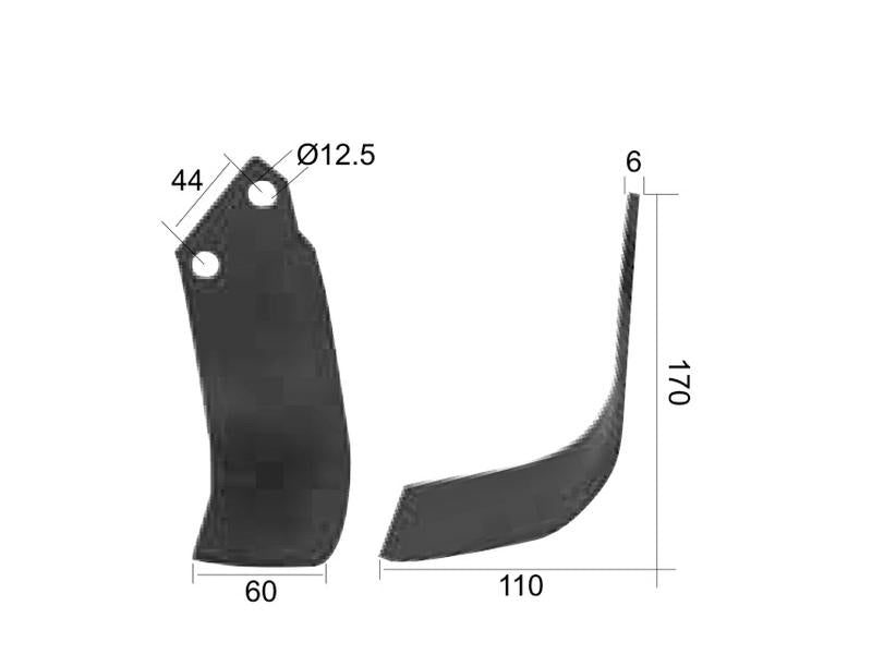Faca Esq. 60x6mm Altura: 170mm. Centros de orifícios em: 44mm. Orifício Ø: 12.5mm. para Celli Aplicavel em: 522601 (S.77346)