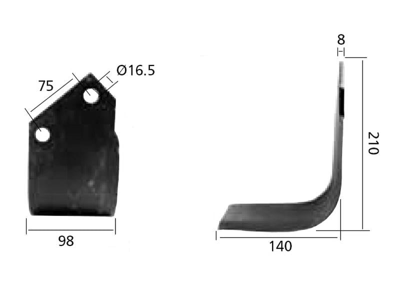 Faca Dt. 98x8mm Altura: 210mm. Centros de orifícios em: 75mm. Orifício Ø: 16.5mm. para Kuhn, Dowdeswell, Howard Aplicavel em: 52359000 (S.77548)