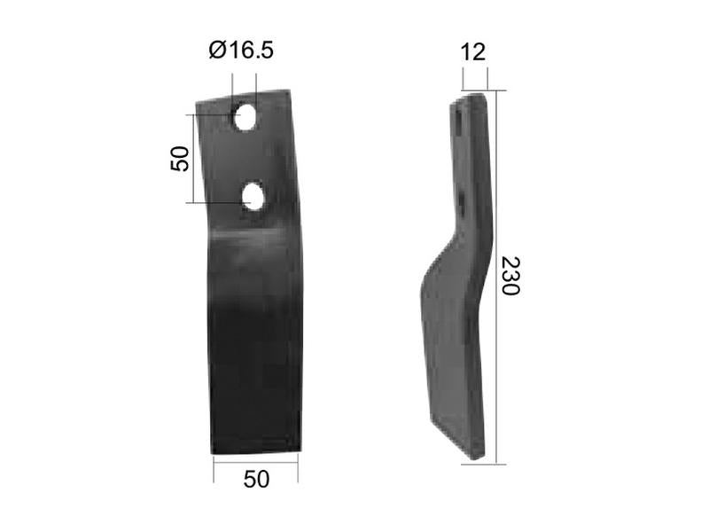 Faca Esq. 50x12mm Altura: 230mm. Centros de orifícios em: 50mm. Orifício Ø: 16.5mm. para Howard Aplicavel em: 653256 (S.77553)