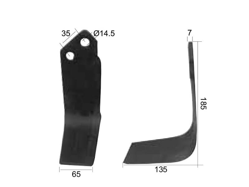 Faca Esq. 65x7mm Altura: 185mm. Centros de orifícios em: 35mm. Orifício Ø: 14.5mm. para Krone Aplicavel em: 035435 (S.77555)