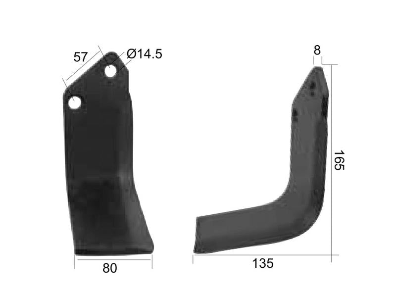 Faca Esq. 80x8mm Altura: 165mm. Centros de orifícios em: 57mm. Orifício Ø: 14.5mm. para Krone, Kuhn Aplicavel em: 51921500 (S.77557)