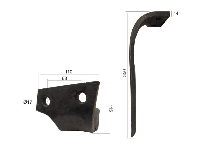 Bico 110x14x350mm Esq. Centros de orifícios em: 68mm. Orifício Ø 17mm. para Kuhn. Aplicavel em: 52552500 (S.77983)