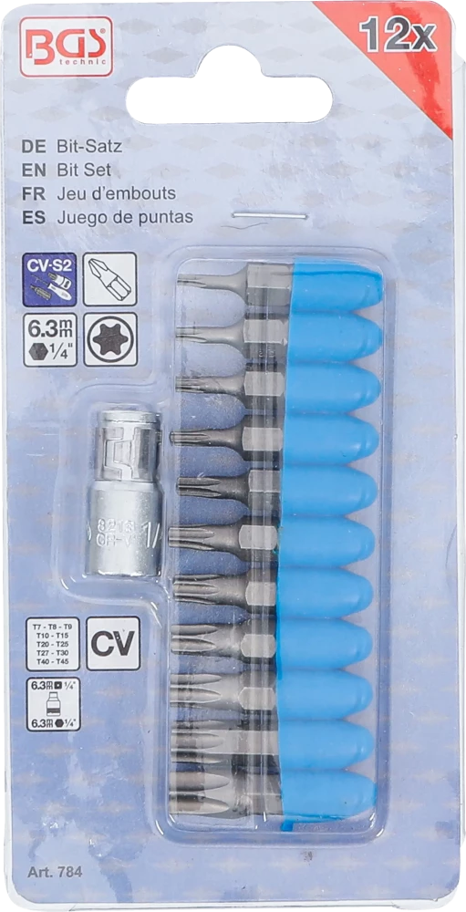 Conjunto de pontas | Entrada de sextavado externo 6,3 mm (1/4") | Saída perfil T (para Torx) | 11 peças
