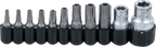 Conjunto de pontas | Entrada de sextavado externo 6,3 mm (1/4") / 10 mm (3/8") | Perfil T (para Torx) com perfuração | 11 peças