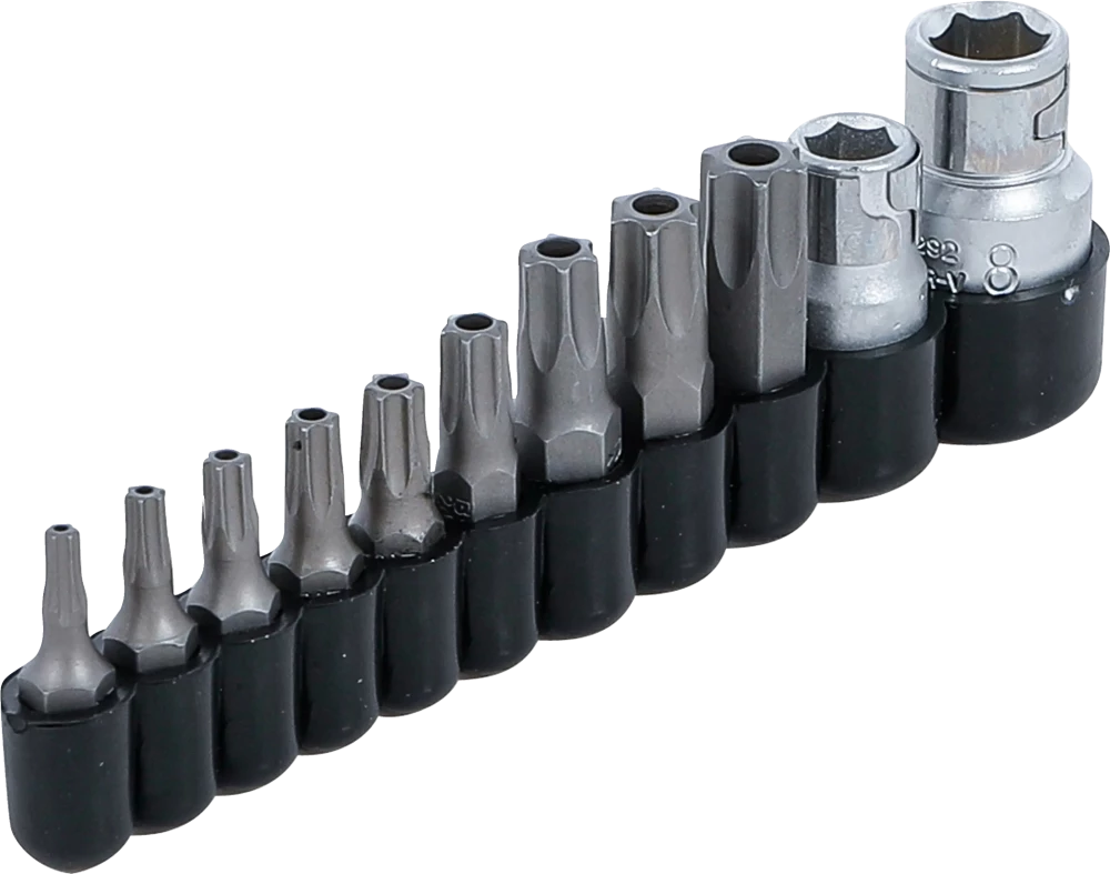 Conjunto de pontas | Entrada de sextavado externo 6,3 mm (1/4") / 10 mm (3/8") | Perfil T (para Torx) com perfuração | 11 peças