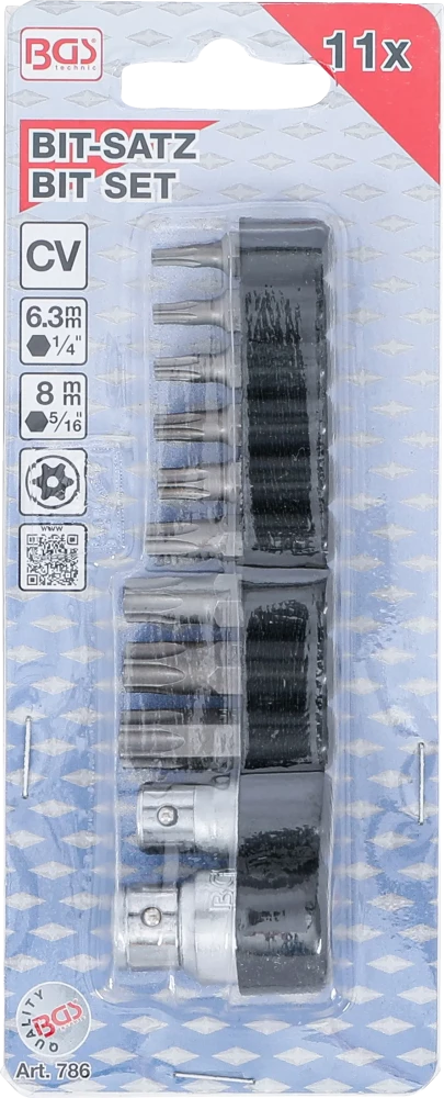 Conjunto de pontas | Entrada de sextavado externo 6,3 mm (1/4") / 10 mm (3/8") | Perfil T (para Torx) com perfuração | 11 peças
