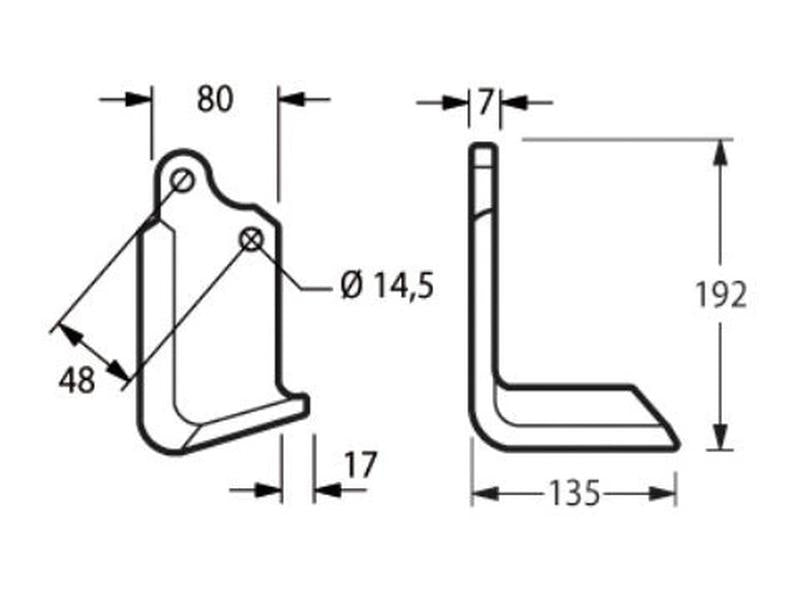 Faca Dt. 80x7mm Altura: 192mm. Centros de orifícios em: 48mm. Orifício Ø: 14.5mm. para Maschio (S.79781)