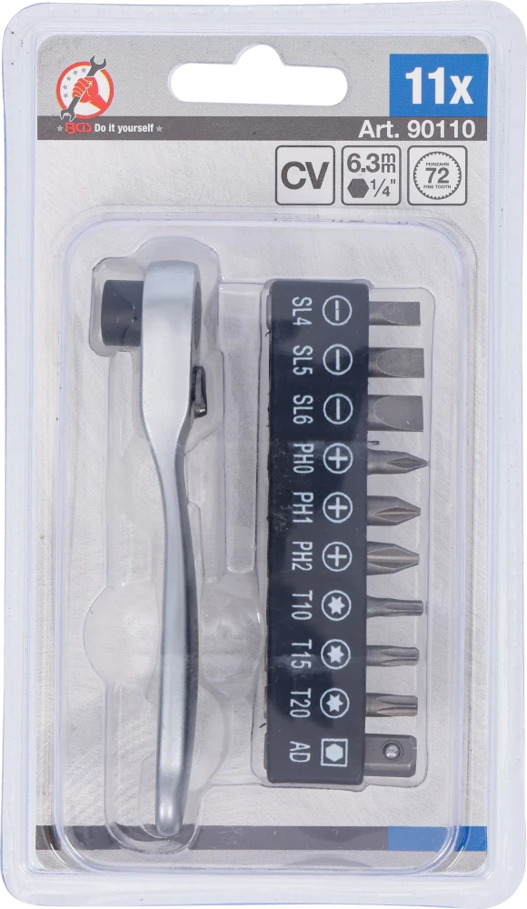 Conjunto de pontas | com roquete para pontas | entrada de sextavado externo 6,3 mm (1/4") | 11 peças