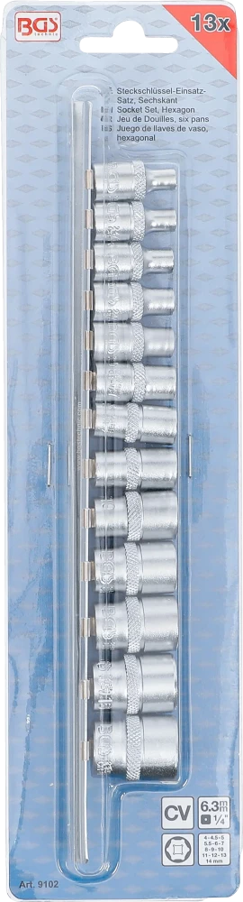 Conjunto de encaixes para chave de caixa, sextavados | Entrada de quadrado interno de 6,3 mm (1/4") | 4 - 14 mm | 13 peças
