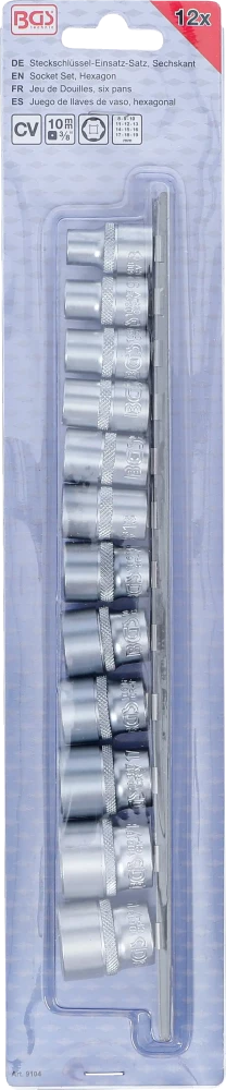 Conjunto de encaixes para chave de caixa, sextavados | Entrada de quadrado interno de 10 mm (3/8") | 8 - 19 mm | 12 peças