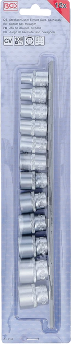 Conjunto de encaixes para chave de caixa, sextavados | Entrada de quadrado interno de 10 mm (3/8") | 8 - 19 mm | 12 peças