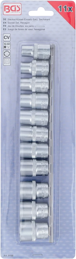 Conjunto de encaixes para chave de caixa, sextavados | Entrada de quadrado interno de 12,5 mm (1/2") | 10 - 21 mm | 11 peças