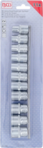 Conjunto de encaixes para chave de caixa, sextavados | Entrada de quadrado interno de 12,5 mm (1/2") | 10 - 21 mm | 11 peças