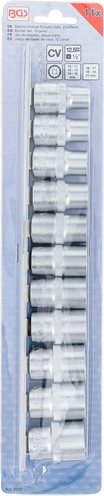 Conjunto de encaixes para chave de caixa, bihexagonais | Entrada de quadrado interno de 12,5 mm (1/2") | 10 - 21 mm | 11 peças