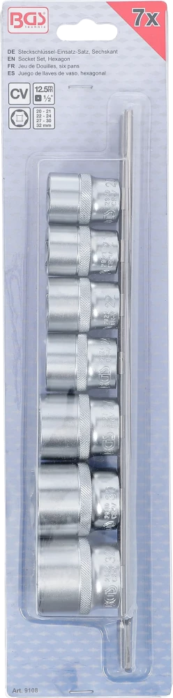 Conjunto de encaixes para chave de caixa, sextavados | Entrada de quadrado interno de 12,5 mm (1/2") | 20 - 32 mm | 7 peças