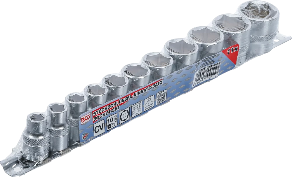Conjunto de encaixes para chave de caixa, sextavados | Entrada de quadrado interno de 10 mm (3/8") | 5/16" - 7/8" | 11 peças