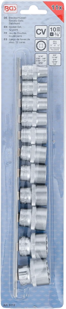 Conjunto de encaixes para chave de caixa, bihexagonais | Entrada de quadrado interno de 10 mm (3/8") | Tamanhos em polegadas | 11 peças
