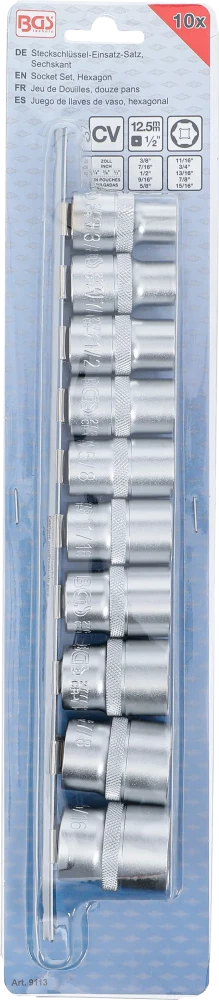 Conjunto de encaixes para chave de caixa, sextavados | Entrada de quadrado interno de 12,5 mm (1/2") | Tamanhos em polegadas | 10 peças