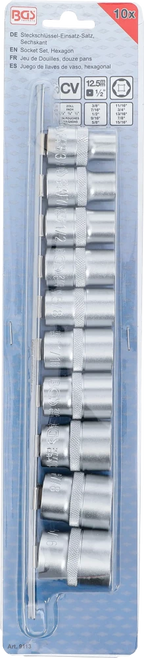 Conjunto de encaixes para chave de caixa, sextavados | Entrada de quadrado interno de 12,5 mm (1/2") | Tamanhos em polegadas | 10 peças