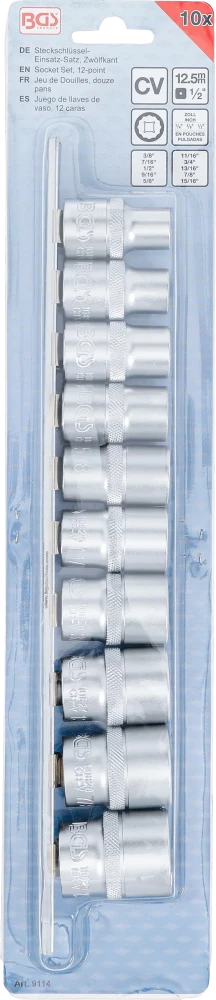 Conjunto de encaixes para chave de caixa, bihexagonais | Entrada de quadrado interno de 12,5 mm (1/2") | Tamanhos em polegadas | 10 peças