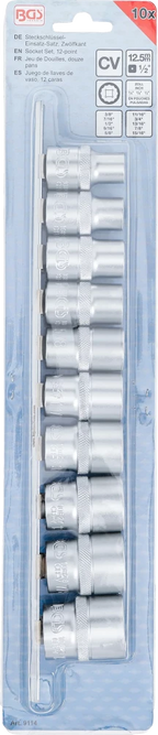 Conjunto de encaixes para chave de caixa, bihexagonais | Entrada de quadrado interno de 12,5 mm (1/2") | Tamanhos em polegadas | 10 peças