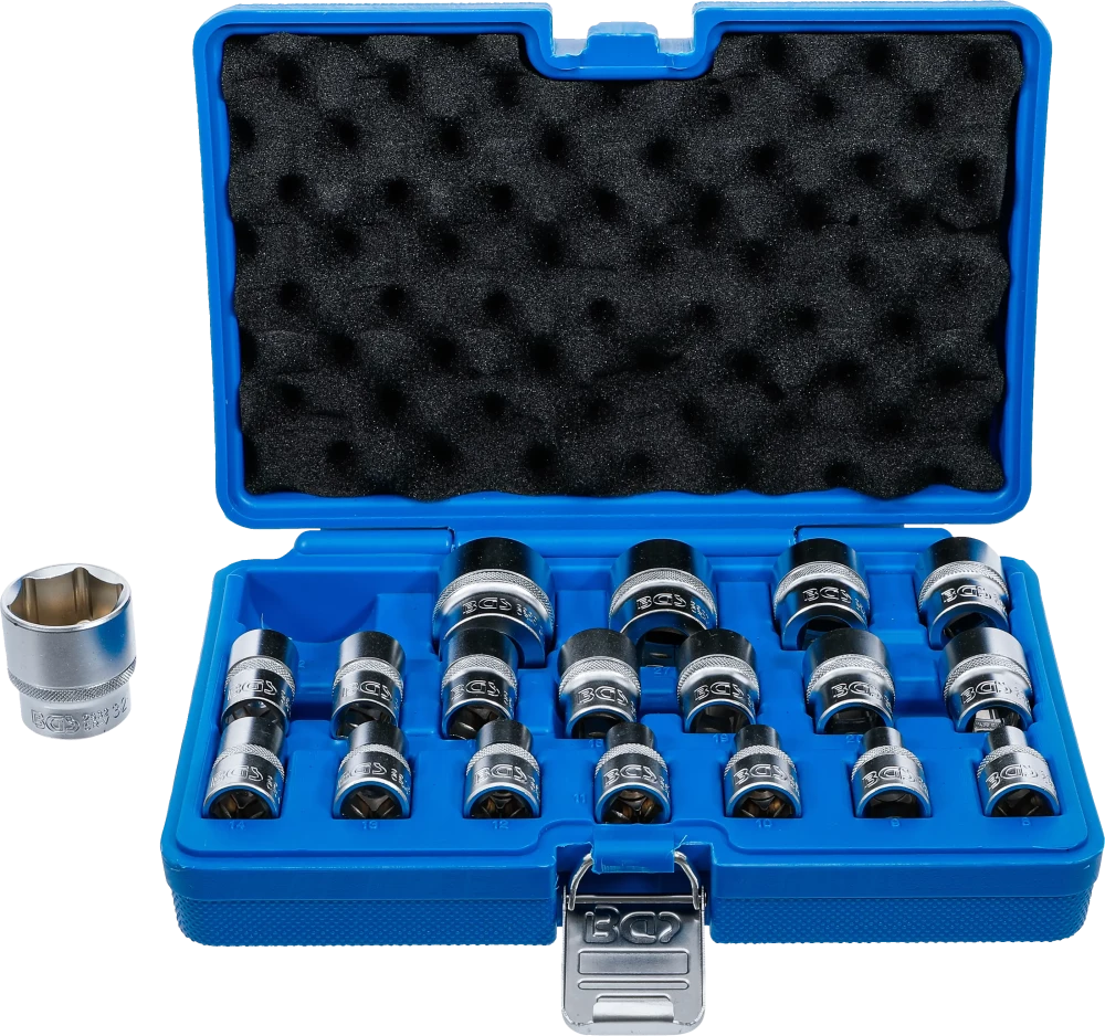 Conjunto de encaixes para chave de caixa, sextavados | Entrada de quadrado interno de 12,5 mm (1/2") | 8 - 32 mm | 19 peças