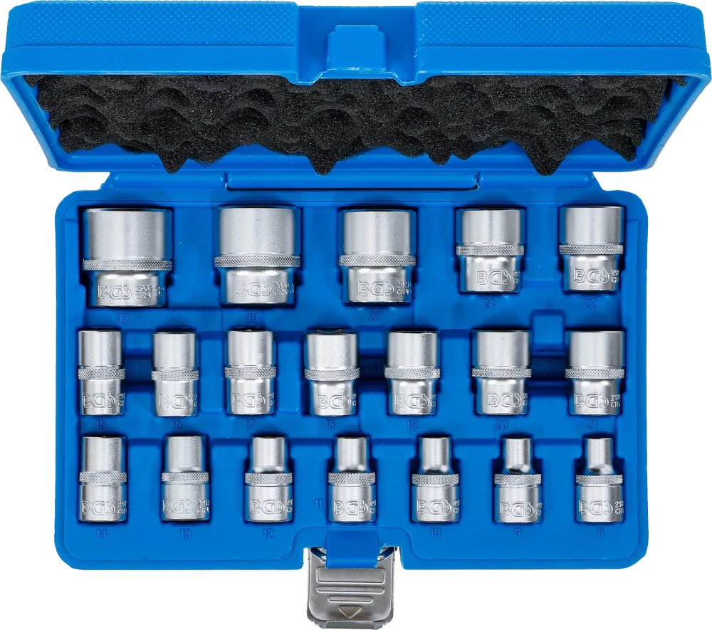 Conjunto de encaixes para chave de caixa, sextavados | Entrada de quadrado interno de 12,5 mm (1/2") | 8 - 32 mm | 19 peças