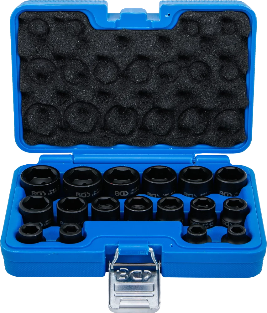 Conjunto de encaixes para chave de caixa de impacto sextavados, extra planos | Entrada de quadrado interno de 12,5 mm (1/2") | 8 - 24 mm | 17 peças