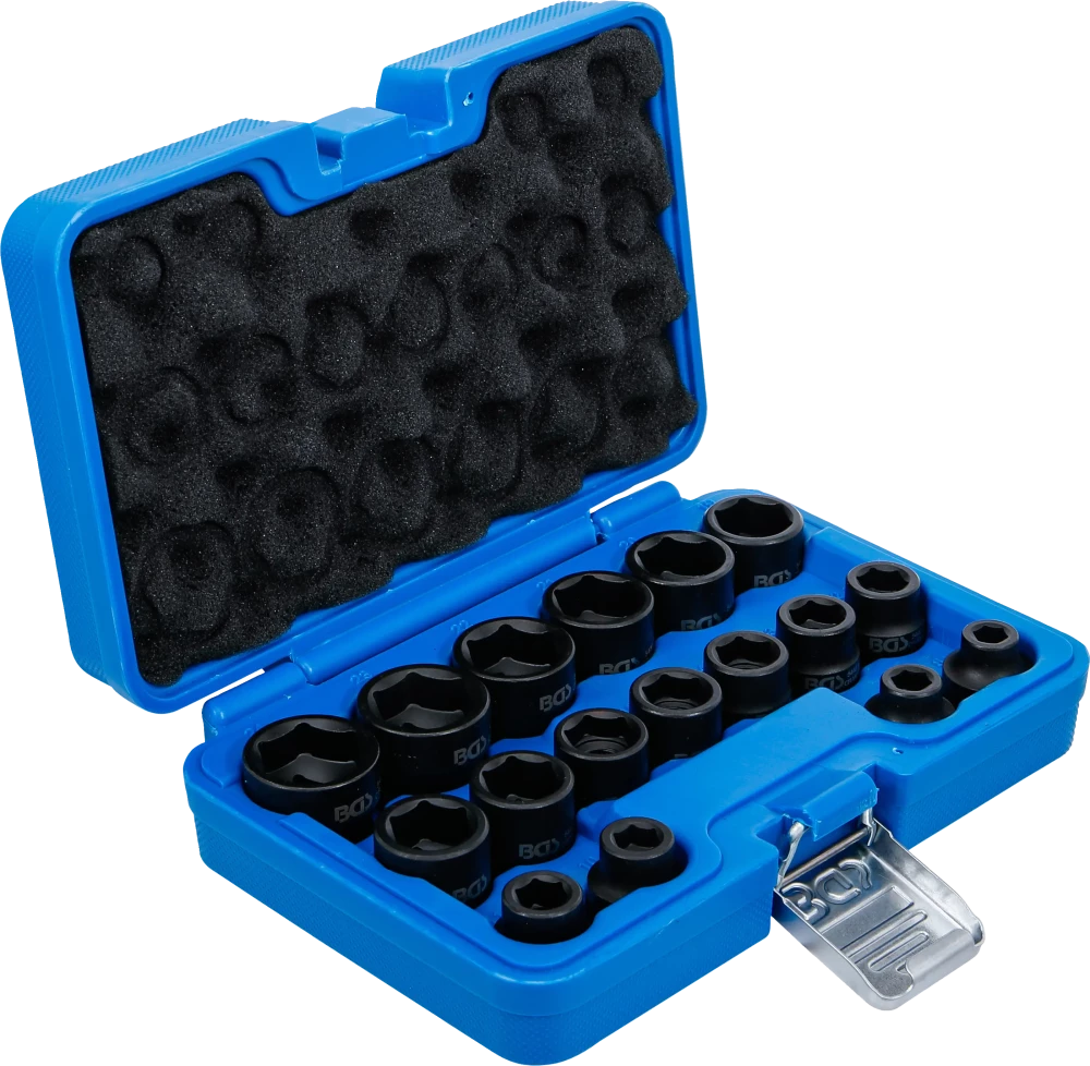 Conjunto de encaixes para chave de caixa de impacto sextavados, extra planos | Entrada de quadrado interno de 12,5 mm (1/2") | 8 - 24 mm | 17 peças