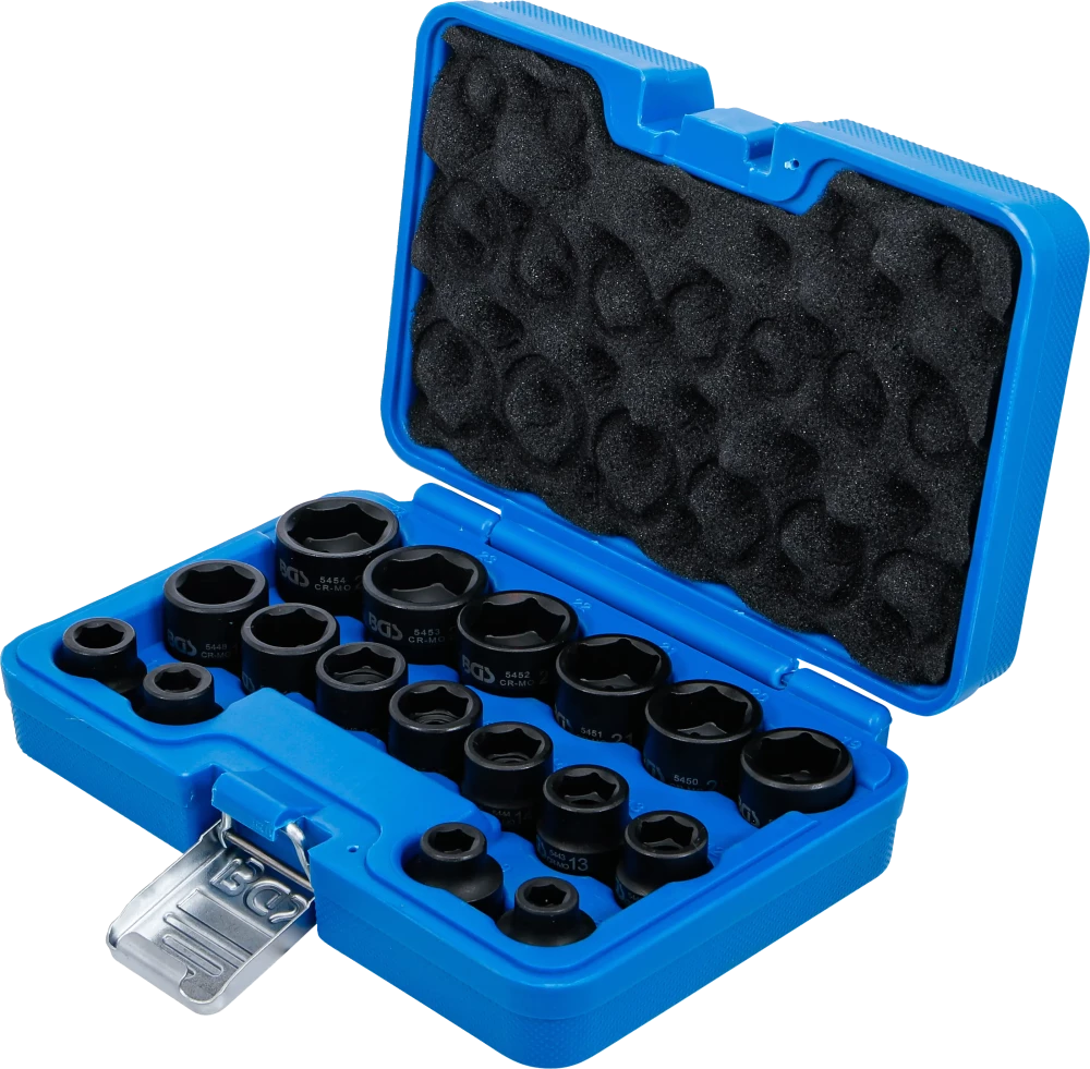 Conjunto de encaixes para chave de caixa de impacto sextavados, extra planos | Entrada de quadrado interno de 12,5 mm (1/2") | 8 - 24 mm | 17 peças