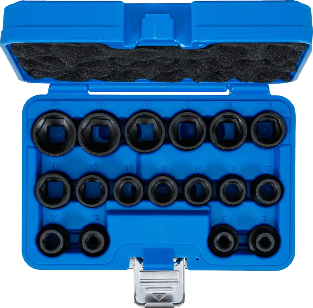 Conjunto de encaixes para chave de caixa de impacto sextavados, extra planos | Entrada de quadrado interno de 12,5 mm (1/2") | 8 - 24 mm | 17 peças