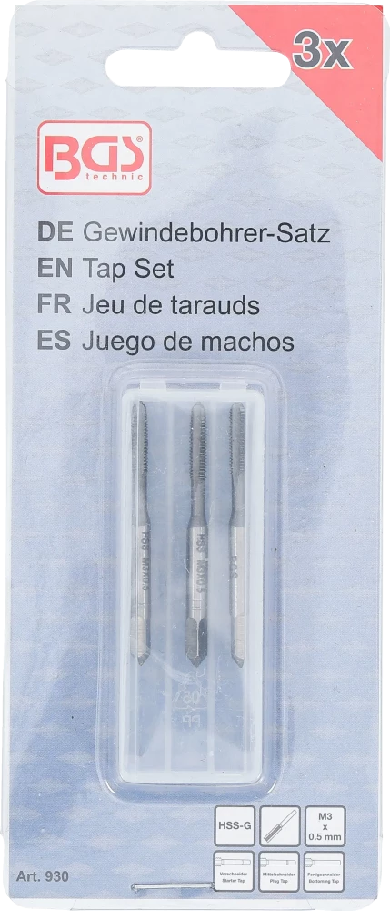 Conjunto de machos de atarraxar | fresa de desbaste, intermédia e de acabamento | HSS-G | M3 x 0,5 | 3 peças