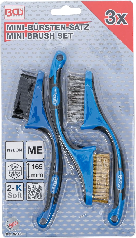 Conjunto de mini escovas | Nylon, latão, aço inoxidável | 165 mm | 3 peças