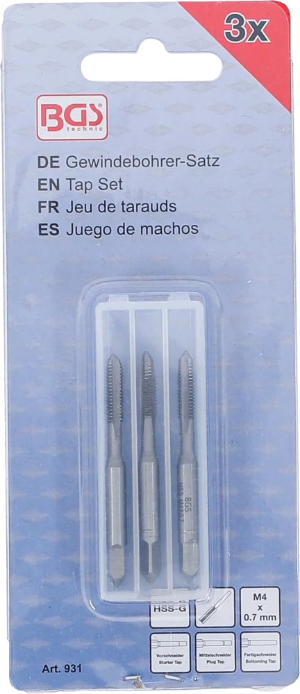 Conjunto de machos de atarraxar | fresa de desbaste, intermédia e de acabamento | HSS-G | M4 x 0,7 | 3 peças