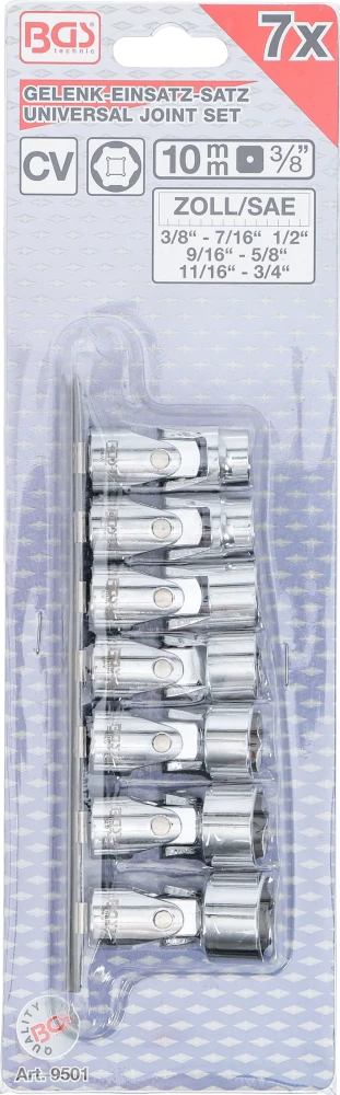 Conjunto de chaves de caixa articuladas, sextavadas | Entrada de quadrado interno de 10 mm (3/8") | 3/8" - 3/4" mm | Tamanhos em polegadas | 7 peças