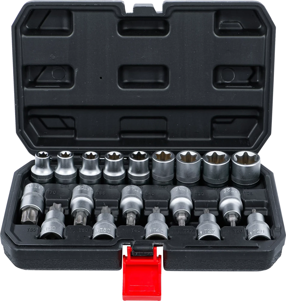 Conjunto de chaves de caixa/encaixes de pontas | Entrada de sextavado interno 12,5 mm (1/2") | Perfil em T (para Torx) / Perfil em E | 19 peças