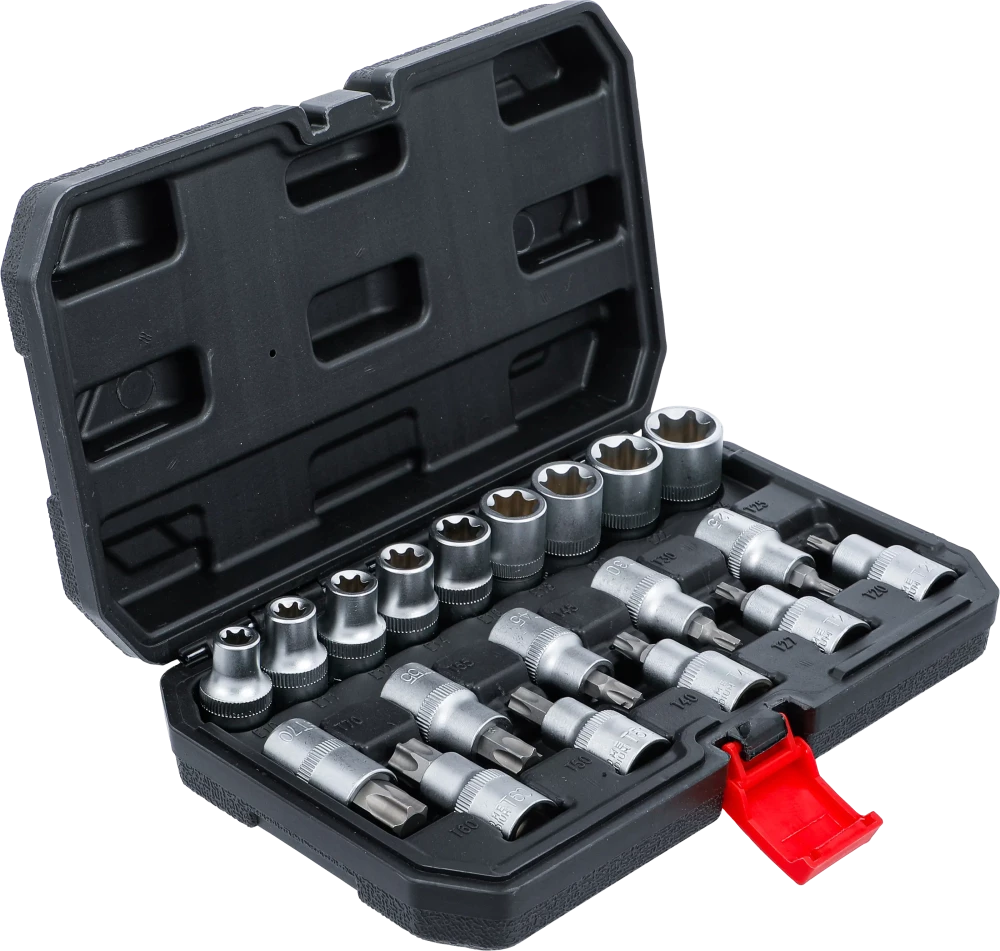 Conjunto de chaves de caixa/encaixes de pontas | Entrada de sextavado interno 12,5 mm (1/2") | Perfil em T (para Torx) / Perfil em E | 19 peças