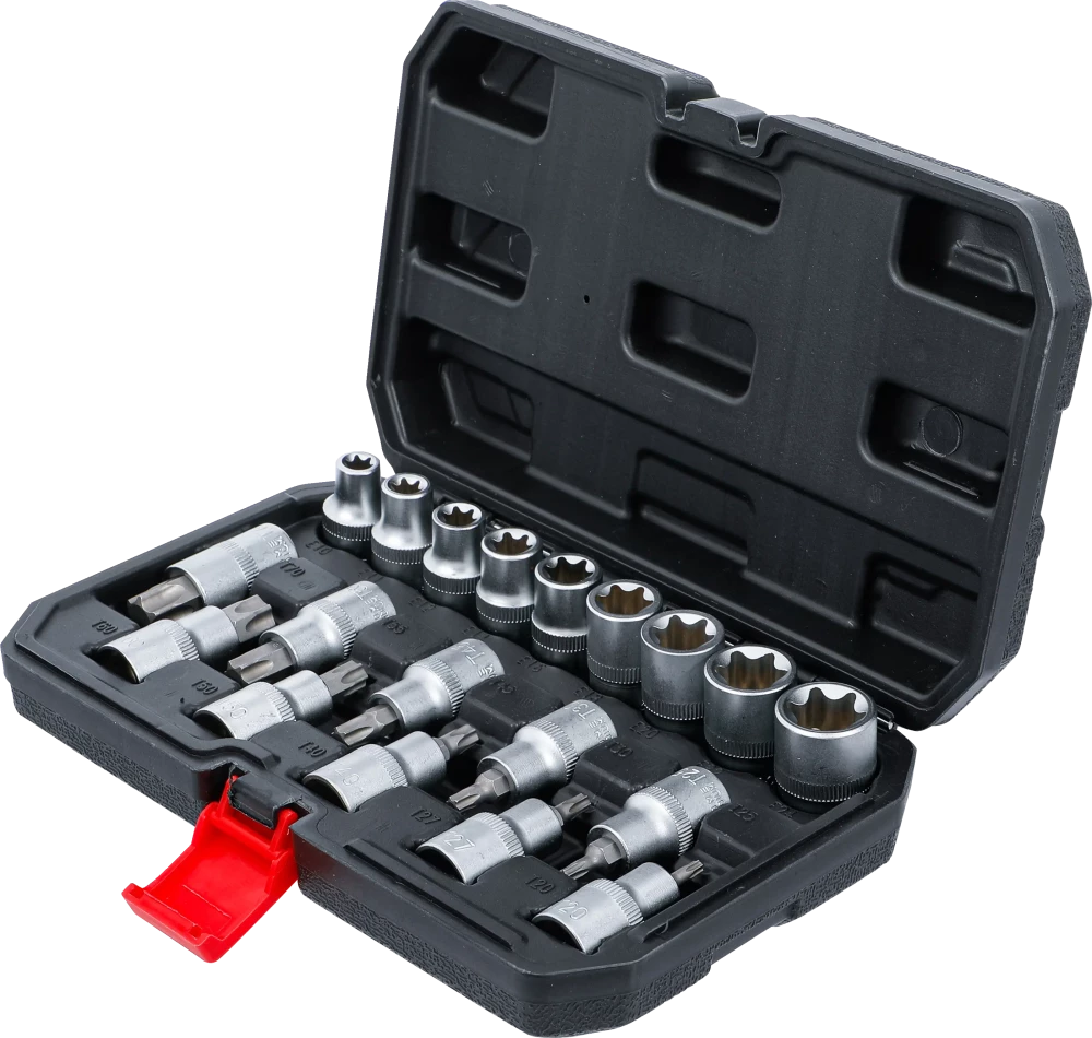 Conjunto de chaves de caixa/encaixes de pontas | Entrada de sextavado interno 12,5 mm (1/2") | Perfil em T (para Torx) / Perfil em E | 19 peças