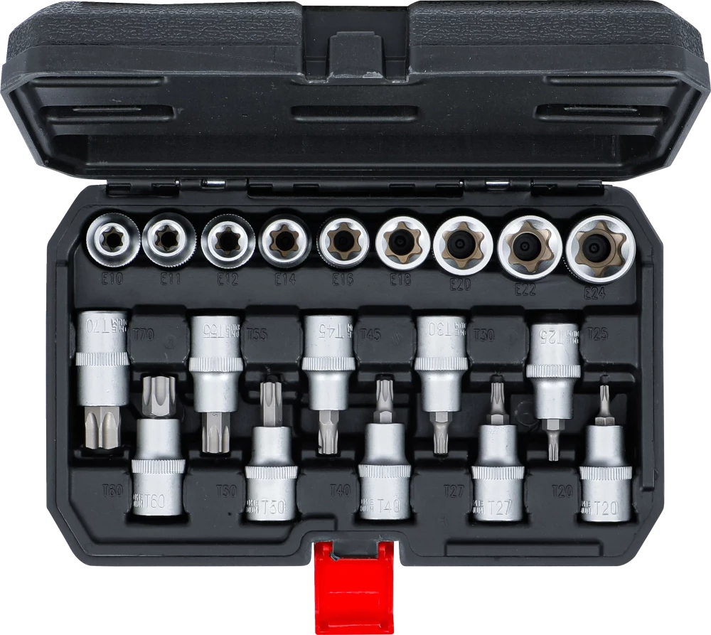 Conjunto de chaves de caixa/encaixes de pontas | Entrada de sextavado interno 12,5 mm (1/2") | Perfil em T (para Torx) / Perfil em E | 19 peças