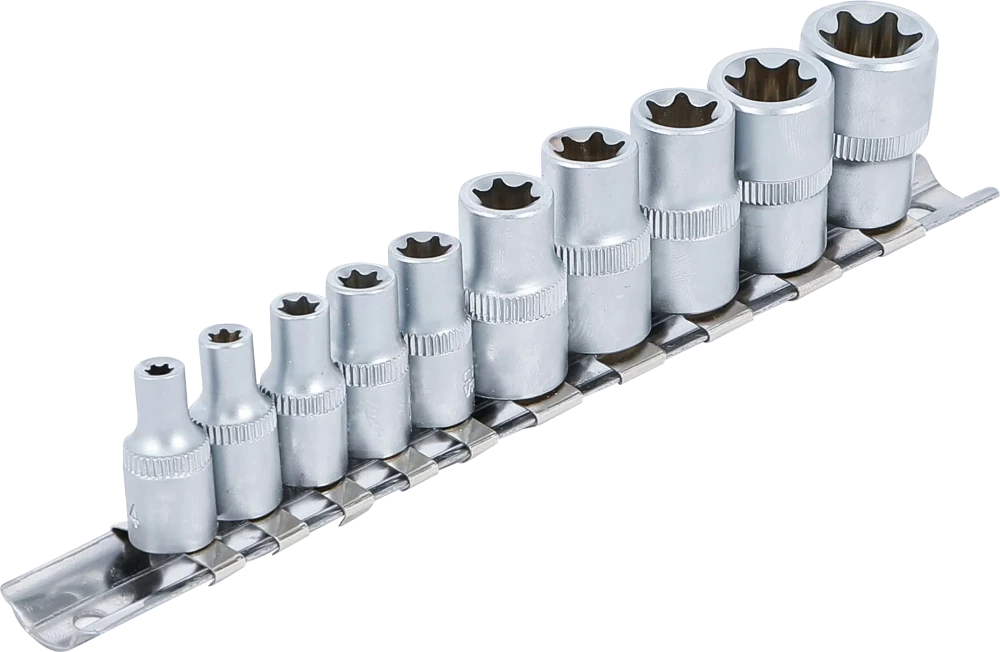 Conjunto de encaixes para chave de caixa perfil em E | Entrada de quadrado interno de 6,3 mm (1/4") / 10 mm (3/8") | E4 - E16 | 10 peças